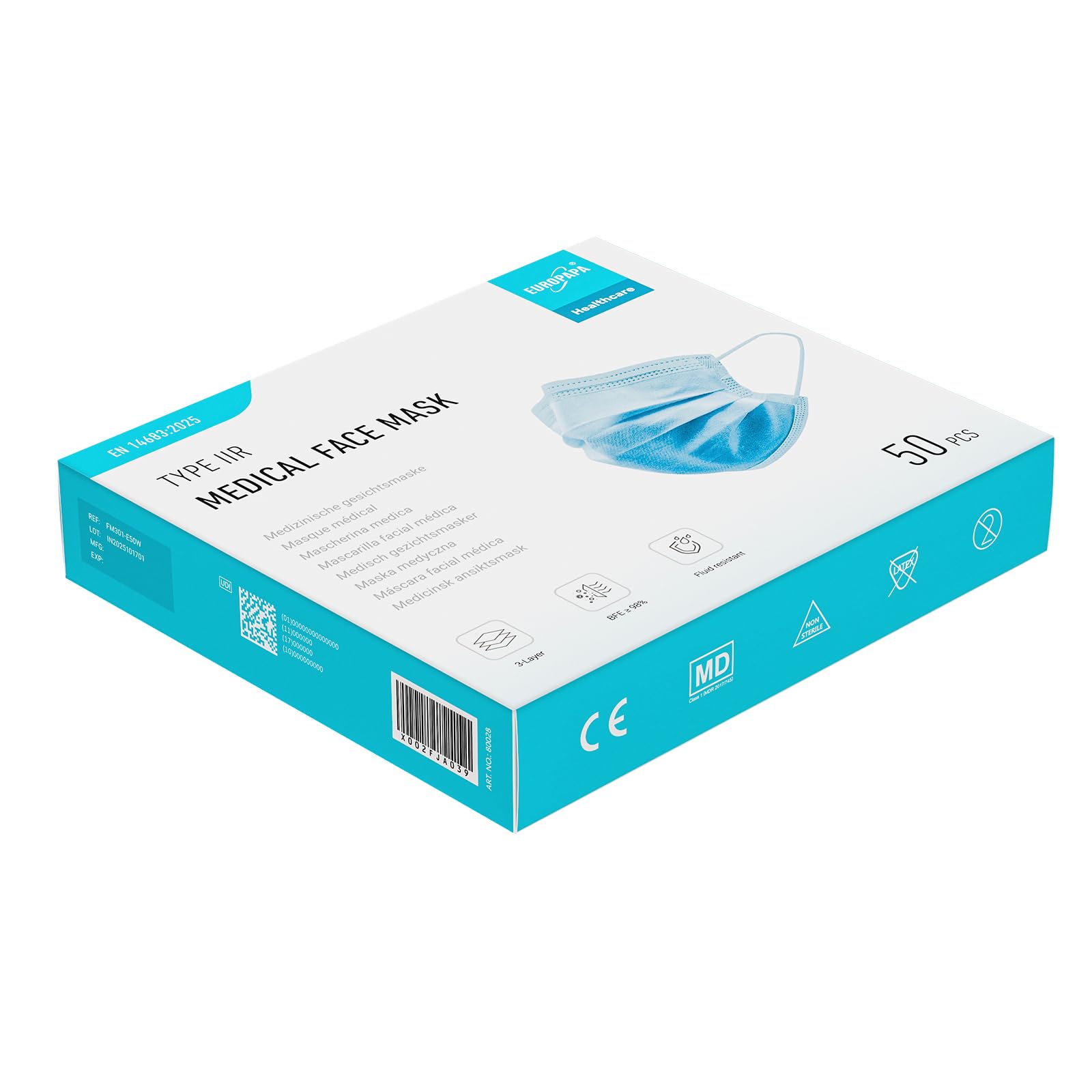 EUROPAPA® Blau Medizinisch Type IIR Norm EN14683 TÜV CE zertifizierte Mundschutzmasken OP Masken 3-lagig Mundschutz Gesichtsmaske Einwegmaske BFE ≥ 98%, 10 Box (500 Stück)