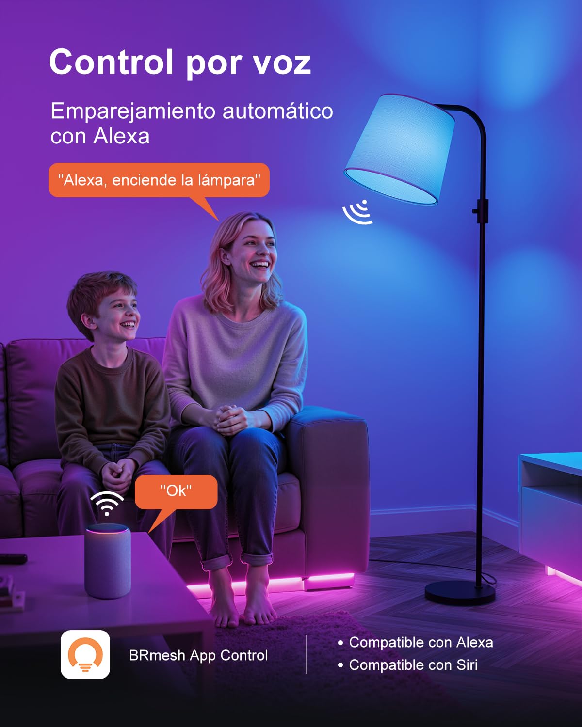 DUSKTEC Lámpara de Pie Arco Inteligente para Salón, Compatible con Alexa y App, Cambio de color RGB, Regulable 1%-100%, Blanco 2700K-6000K, Sincronización con Música,10W 1200LM, Pantalla de Lino 350°