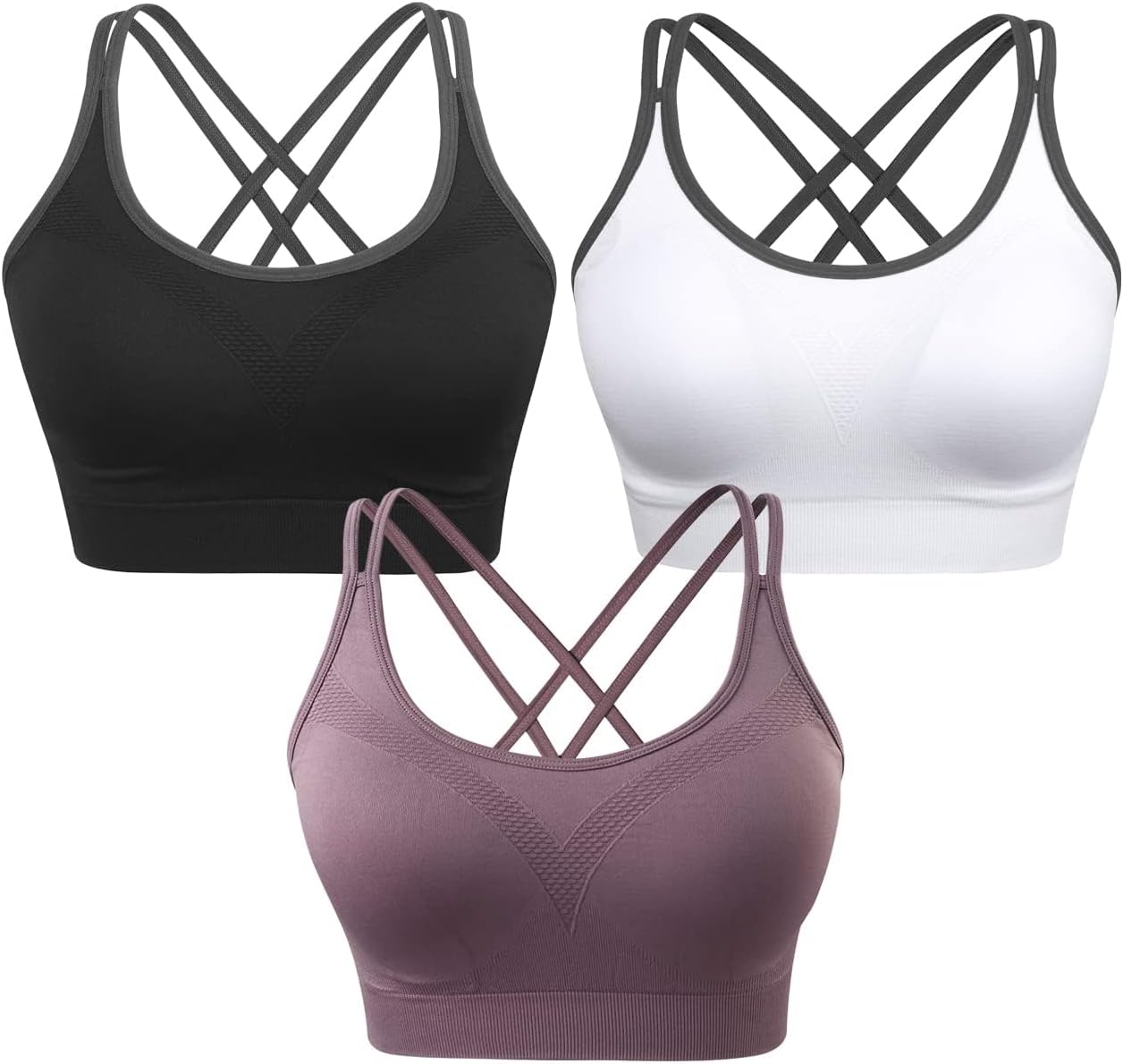 VEQKING Strappy Womens Sports Bras Cross Back for Running Removable Padded Workout Yoga Bras Pack Gifts Small 3pack(black+white+purple)