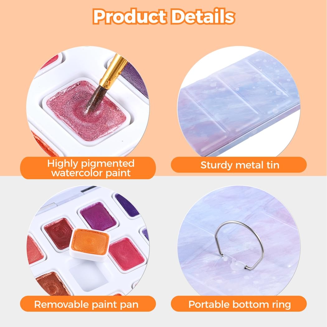 Ensemble de peinture aquarelle métallique de 40 couleurs dans une boîte en étain, fournitures d'art nacrées à paillettes pour artistes, débutants et étudiants