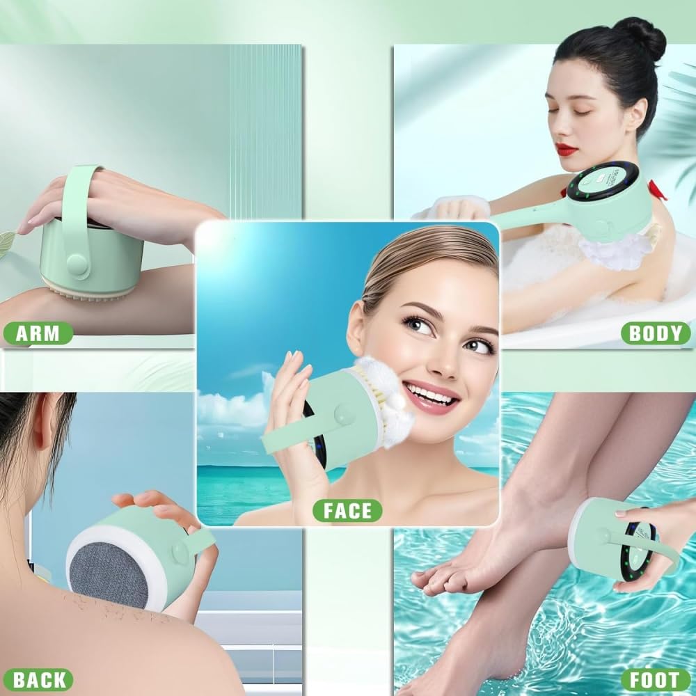 Spazzola elettrica per il corpo, scrubber per la schiena, impermeabile, con manico lungo, 5 teste, spazzola da bagno ricaricabile e 3 tipi di scrub per il corpo veloce, per la pulizia, il massaggio e