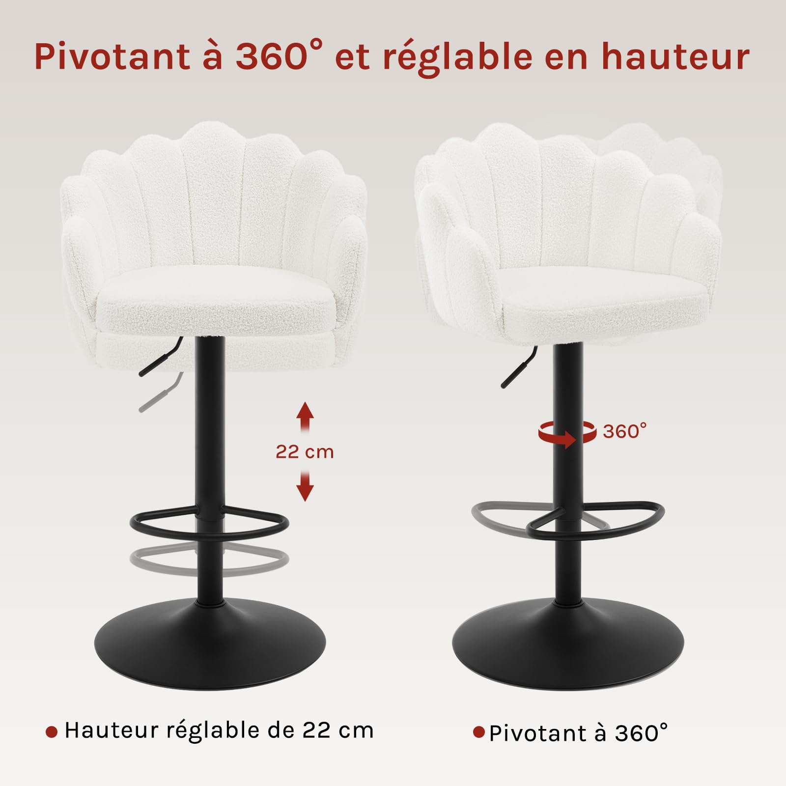 WOLTU Tabourets Bar, Lot de 2, Chaise Haute Bar, Réglable en Hauteur, Dossier en Forme de Pétale, Assise Pivotante en Velours Teddy, avec Repose-Pieds et Cadre en Métal, Beige