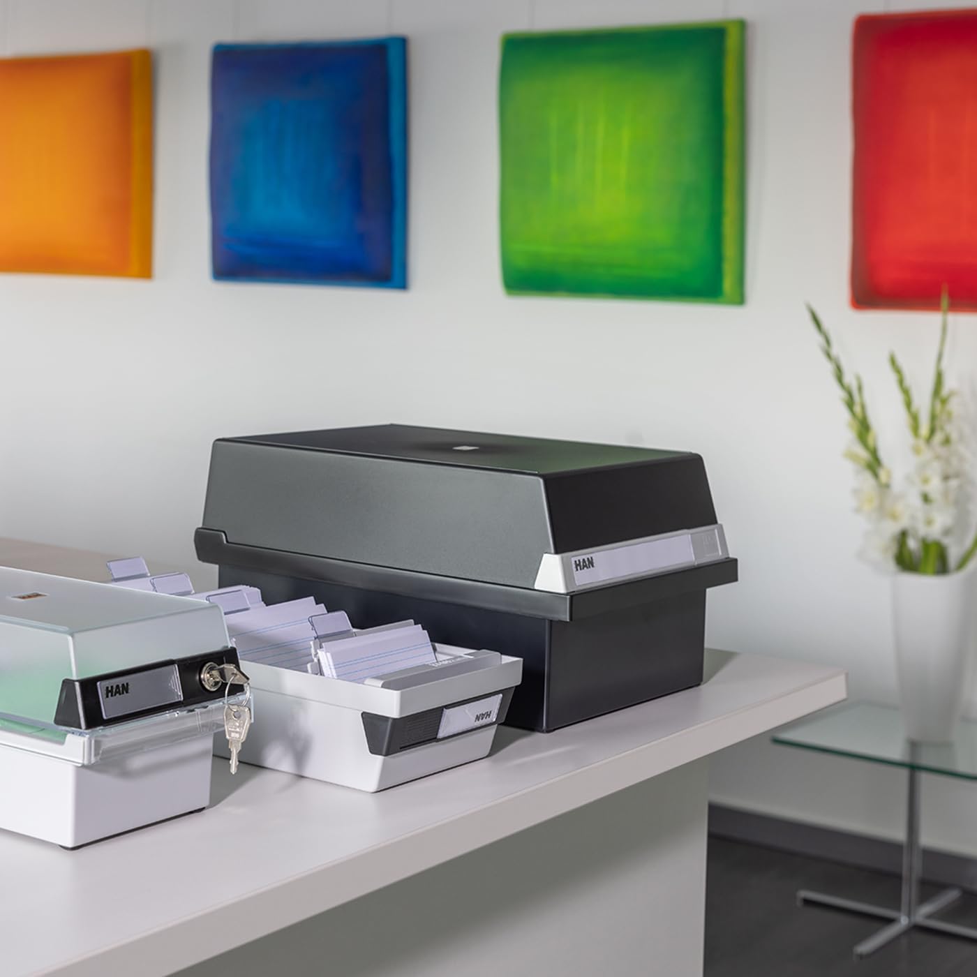Han 955 - Fichero para tarjetas (capacidad máxima de 1300 tarjetas, poliestireno, tamaño A5, 235 x 190 x 360 mm), color negro