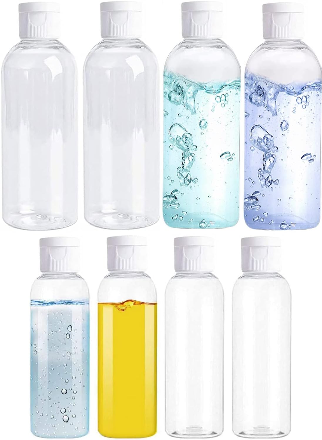 valuxe Pack of 8 Travel Bottles Plastic Empty | Clear Refillable Bottles with Disc Top Flip Cap, Portable Travel Containers Set for Toiletries Leak Proof Travel Office Camping 100 ML 4PCS + 50 ML 4PCS