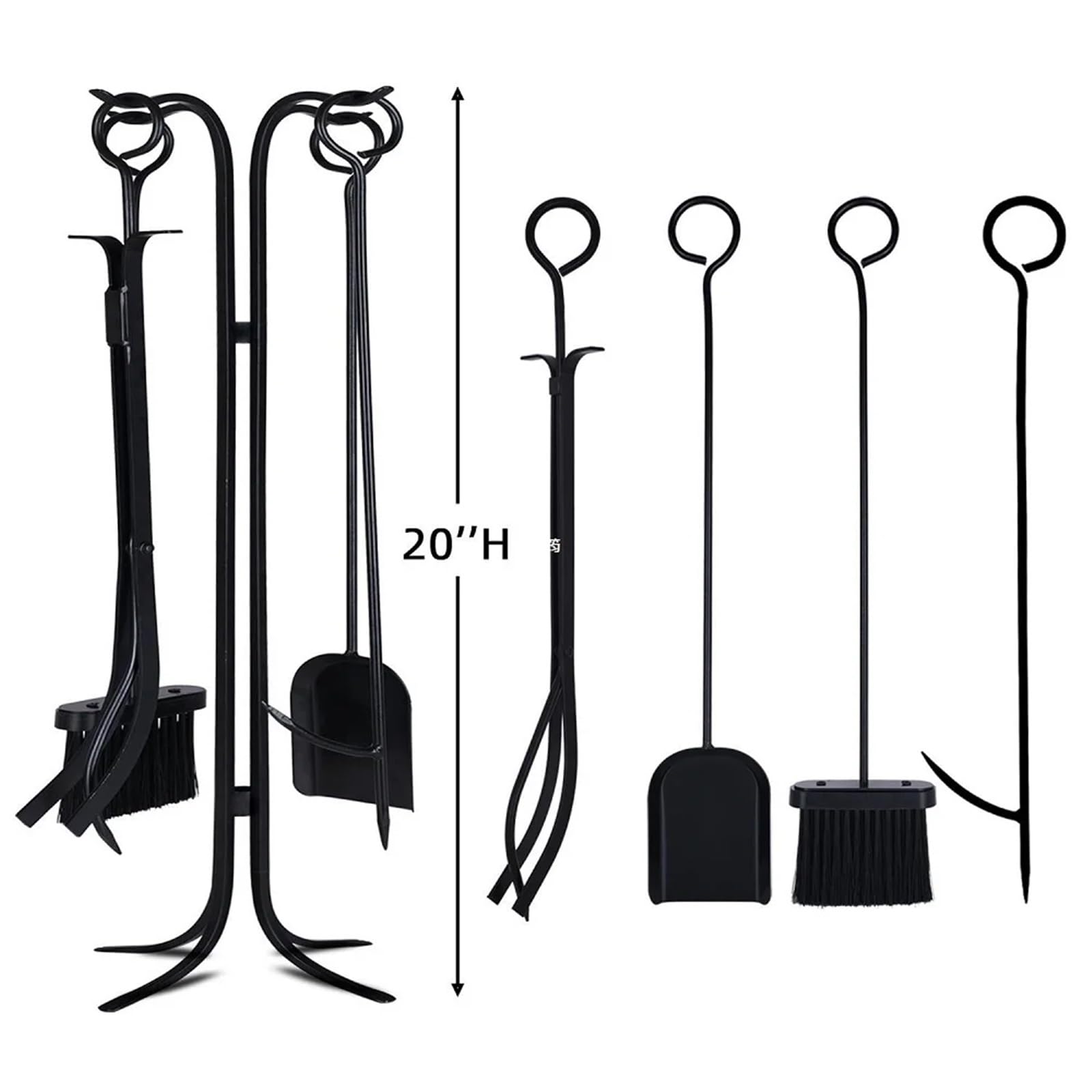 Juego de Limpieza de Chimenea de Hierro Forjado de 5 Piezas. Incluye Pala para Cenizas, Escoba, recogedor y Pinzas. Herramientas específicas para Chimenea. Color Negro. Estilo B.