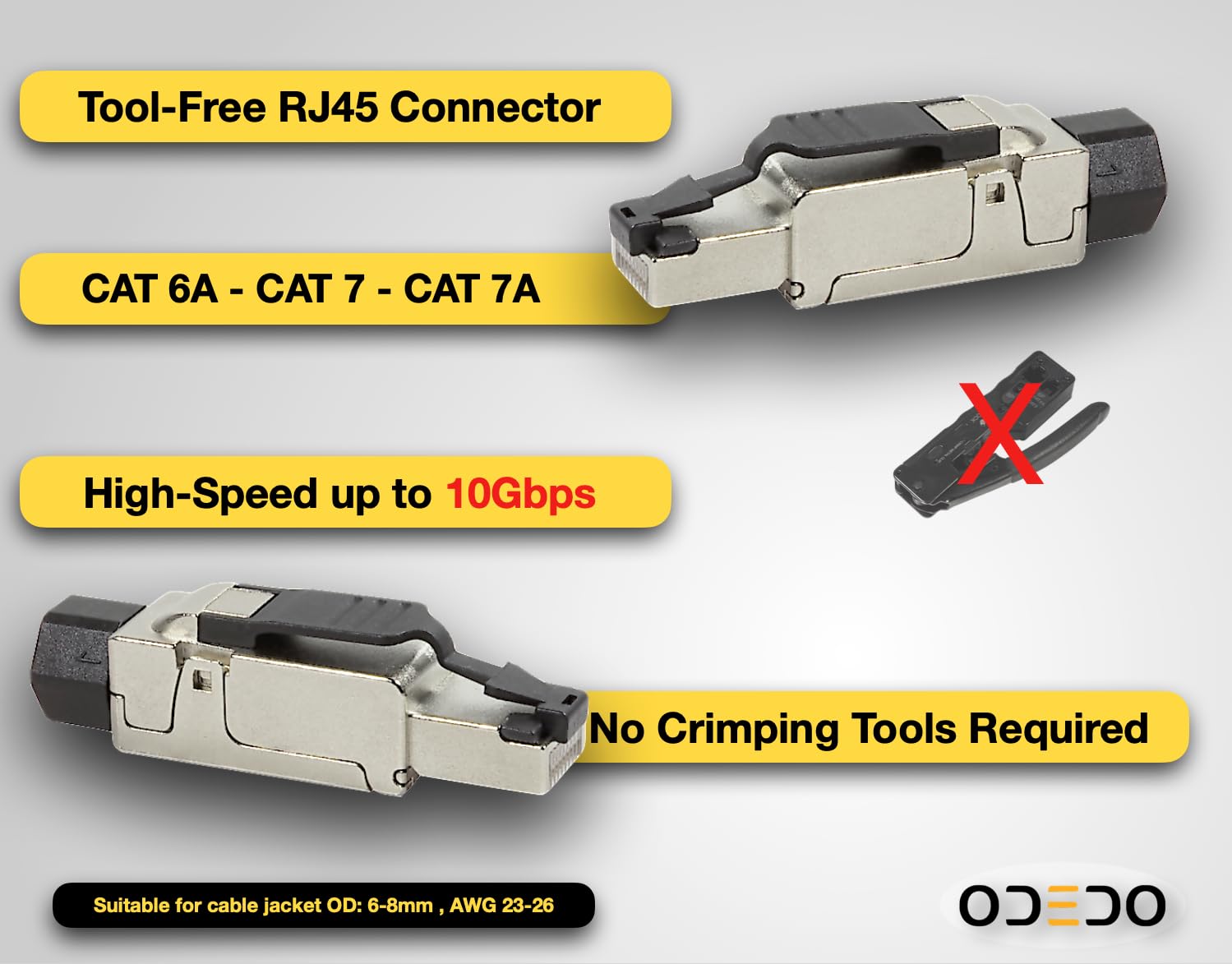 Connecteur à sertir odedo 8X CAT 6A et 7 RJ45 Connecteur réseau Montage sur site jusqu'à 10 gigabits de câble d'installation Câble réseau, installation sans outil avec décharge de traction, CAT7