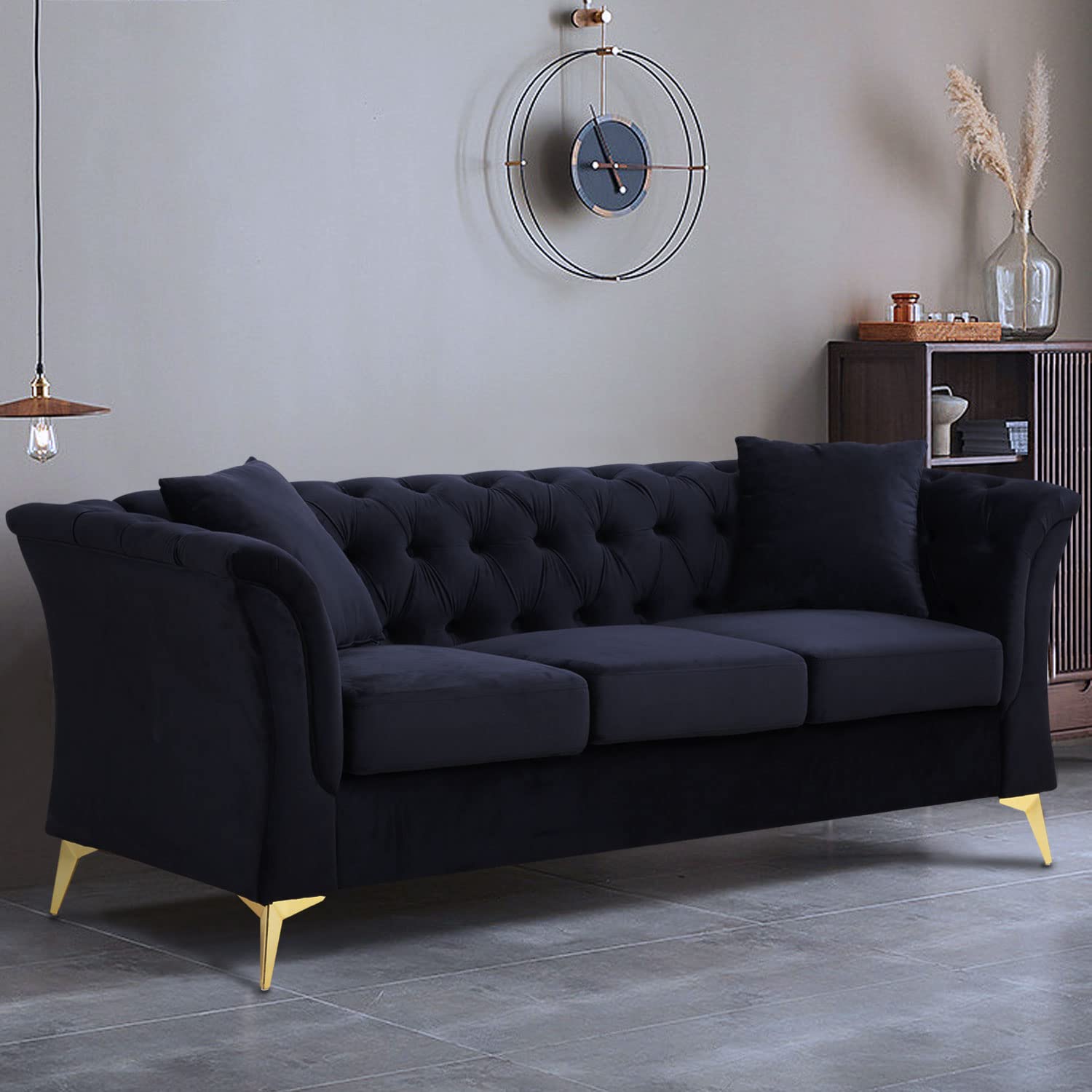 NordStorm 84" Velvet Upholstered Chesterfield Couch, Modern 3 Seater Sofa with Tufted Back and Rolled Arms, Gold Metal Leg Sofa Couches for Living Room/Office/Apartment/Small Space