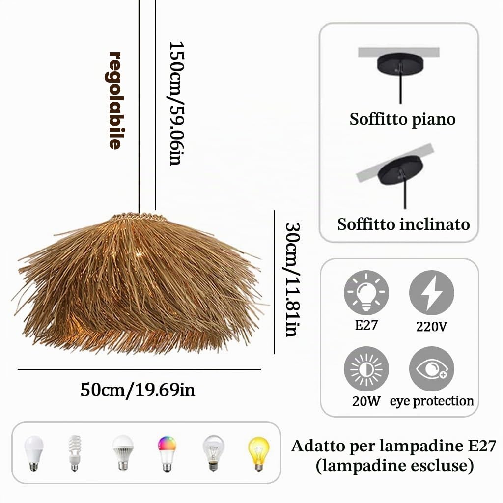 Lampadario Creativa E27 Lampadario In Vimini Stile Bohémien Paralume Vintage In Vimini Lampada A Sospensione Intrecciata A Mano A Forma Di Cappello Adatta Per Di Sala Da Pranzo Soggiorno(50cm)
