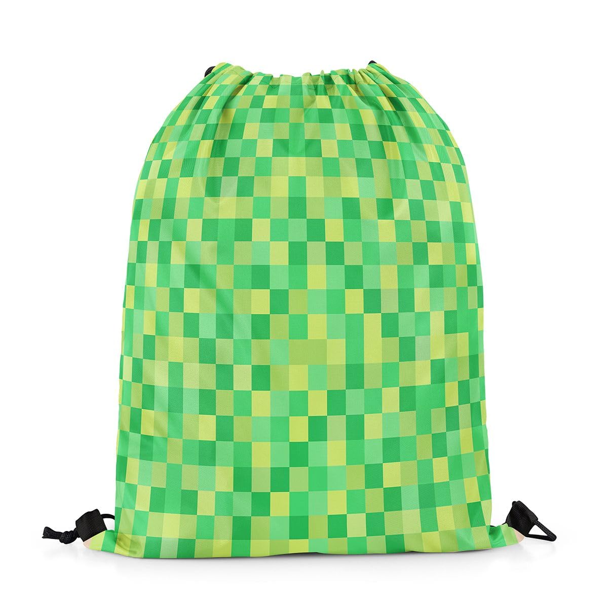 Castle Fairy Pixelated Grid Drawstring Backpack 13"X31",Miners Lattice Games Water Resistant Beach Bag,Geometric Square Blocks String Bag for Shopping Yoga,Green Sackpack for Gym Sports