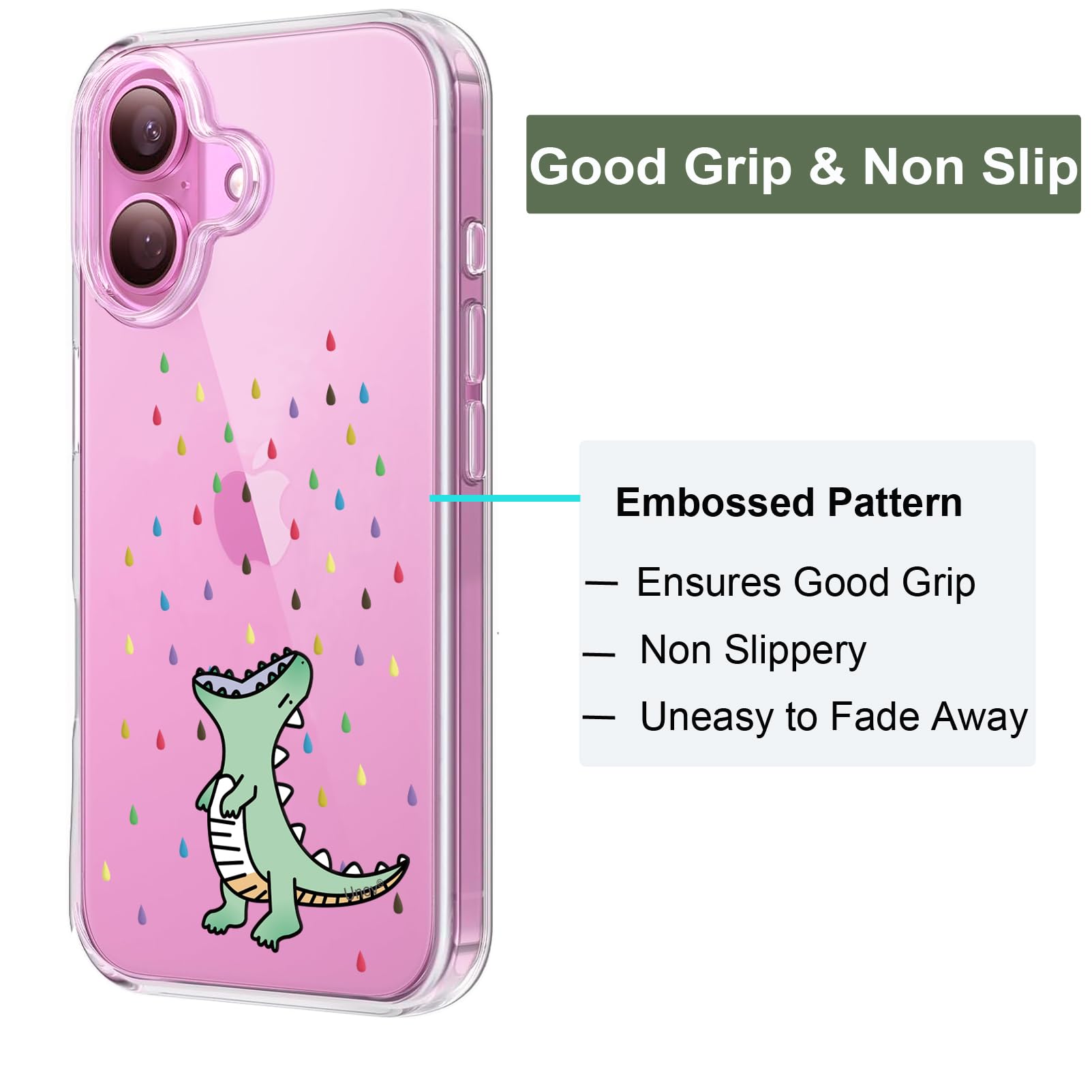 Unov Case Compatible with iPhone 16 Case Clear with Design Embossed Pattern Soft TPU Bumper Slim Protective 6.1 Inch (Rainbow Dinosaur) - Image 4