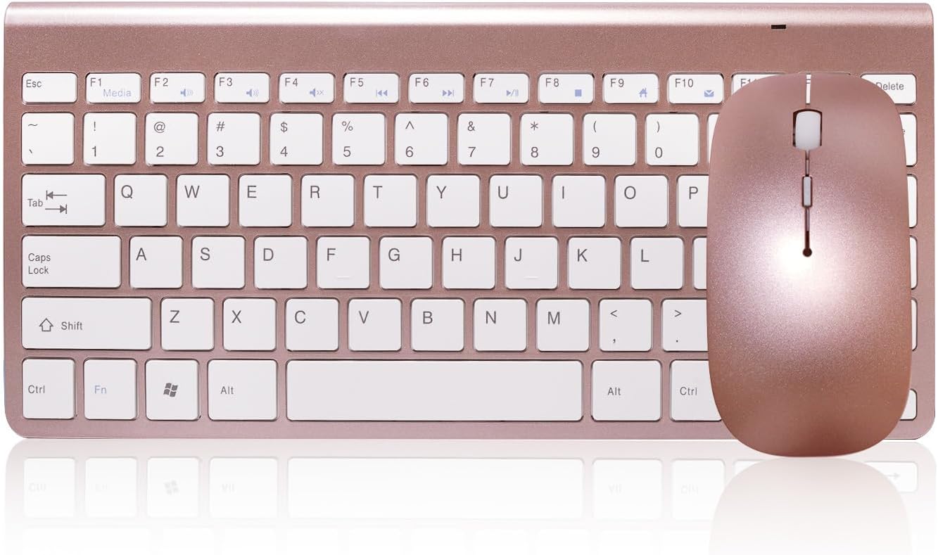 ZTZ2.4G Mini USB Keyboard with Silent Mouse Combo for Laptop/Desktop/Table and PC, Ultra Slim Portable Mute Wireless Keyboard and Mouse Combo (USB Receiver in Keyboard) (Pink Gold)