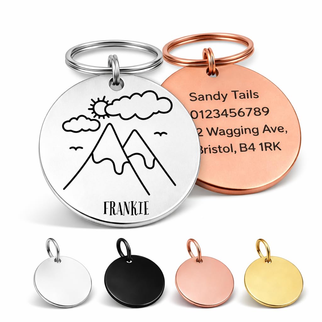 Personalised Mountain Dog Tag – Custom Engraved Pet ID Tag for Dogs & Cats – Stainless Steel Name Tag – Adventure Explorer Collection (Small: 25mm)