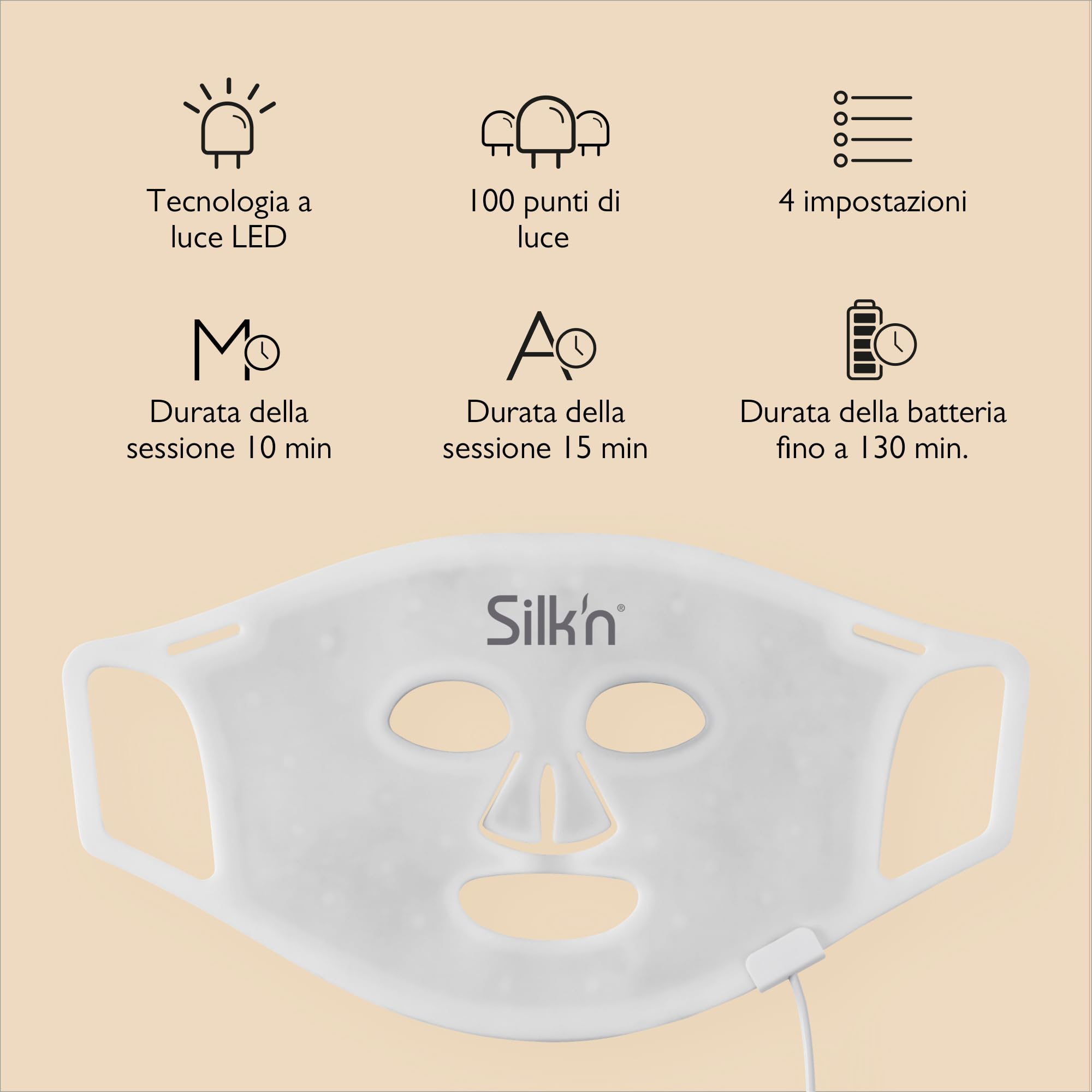 Silk'n Maschera LED viso I LED Face Mask 100 I Maschera per la cura del viso con tecnologia luce LED I senza fili, in silicone, 100 LED