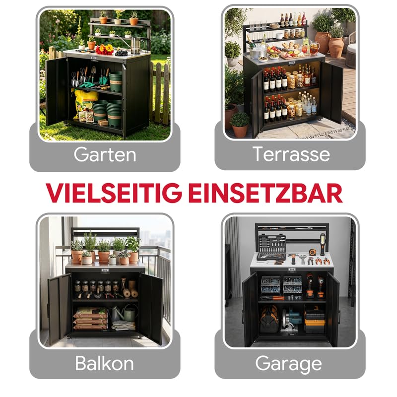 Feasto Gartenschrank wetterfest mit Edelstahl-Arbeitsplatte, 2 verstellbare Regalböden, Pflanztisch aus Metall für Gärten & Terrasse, 80x48x113 cm