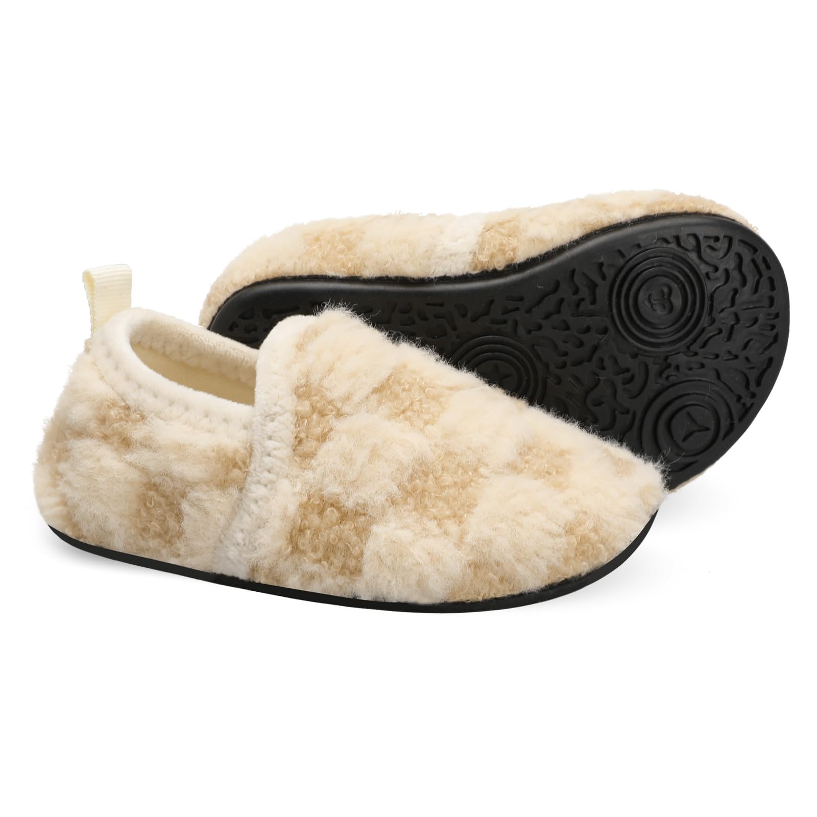 Scurtain Kids Toddler Slippers Socks Artificial Woolen Slippers for Boys Girls Baby with Non-Slip Rubber Sole 2065 Beige/Lattice 3.5-4.5 Infant