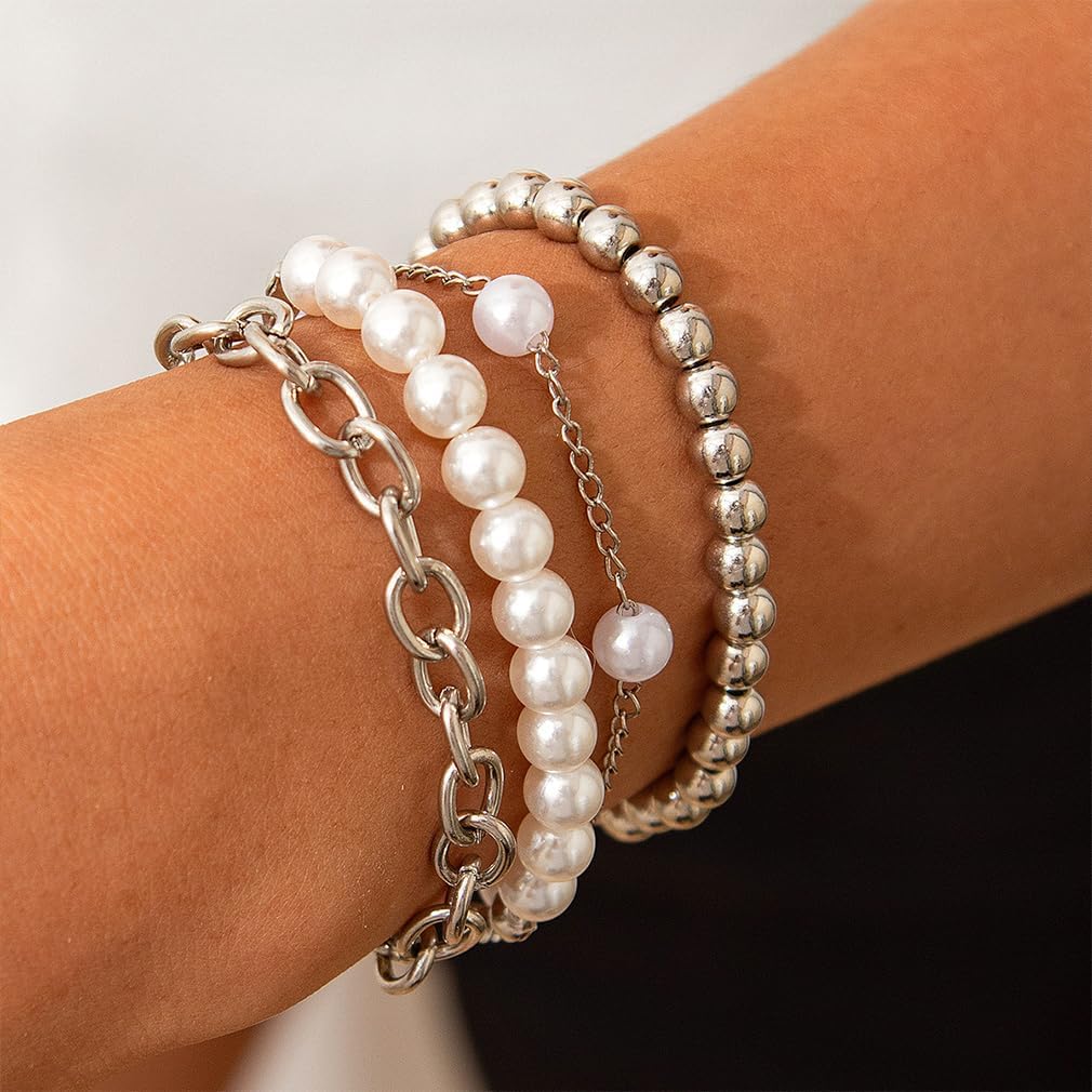 4Pcs Gold Stack Pearls Beaded Statement Bracelets for Women Fashion Fake Pearl Stackable Bangles Link Chain Bracelet Trendy Layering Jewelry Gift Set - Image 2