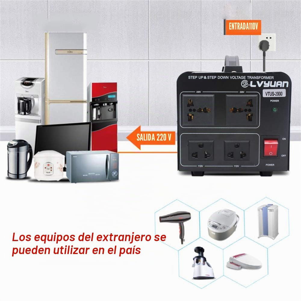 Cantonape Convertidor de Transformador de Voltaje de 2000 W, Conversión de 110-120 V a 220-240 V y de 220-240 V a 110-120 V, 2 Salidas de EE. UU., 2 Salidas Universales