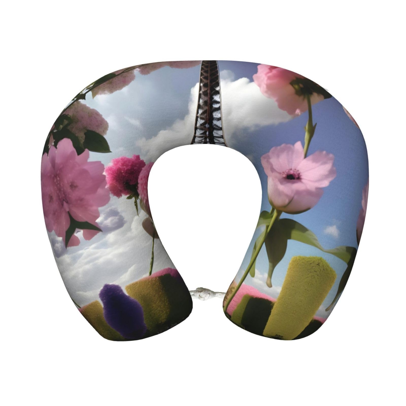 peiyeety Flower Paris Eiffel Towers Print Custom U-Shaped Pillow,Memory Foam Cervical Neck Travel Pillow,for Home,Camping,Travelling