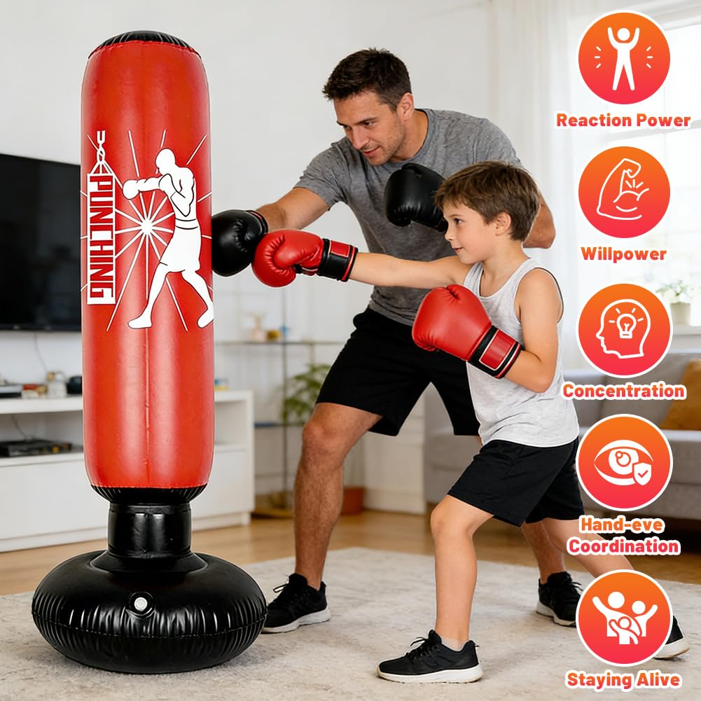 Sacco da boxe gonfiabile per bambini, sacco da boxe per bambini dai 6 ai 12 anni, 170 cm Sacco da boxe gonfiabile in piedi per bambini con guantoni da boxe e pompa, per allenamento Karate Taekwondo