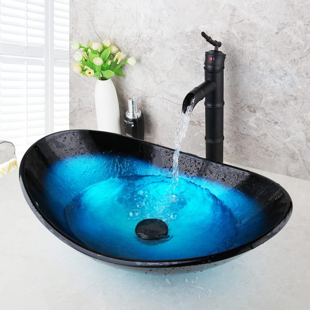 OUBONI Bathroom Artistic Oval combo Glass Vessel Sink with Oil Rubbed ...