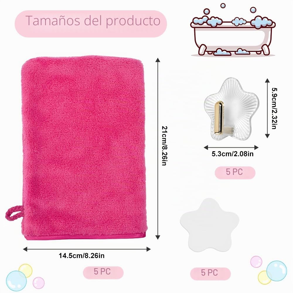 5 Manoplas de Baño para Ducha con 5 Ganchos de Baño Adhesivos Manoplas de Toalla para Baños de Franela Suave para Bebé Niño Adultos Mascotas Guantes de Baños para Ducharse Lavarse