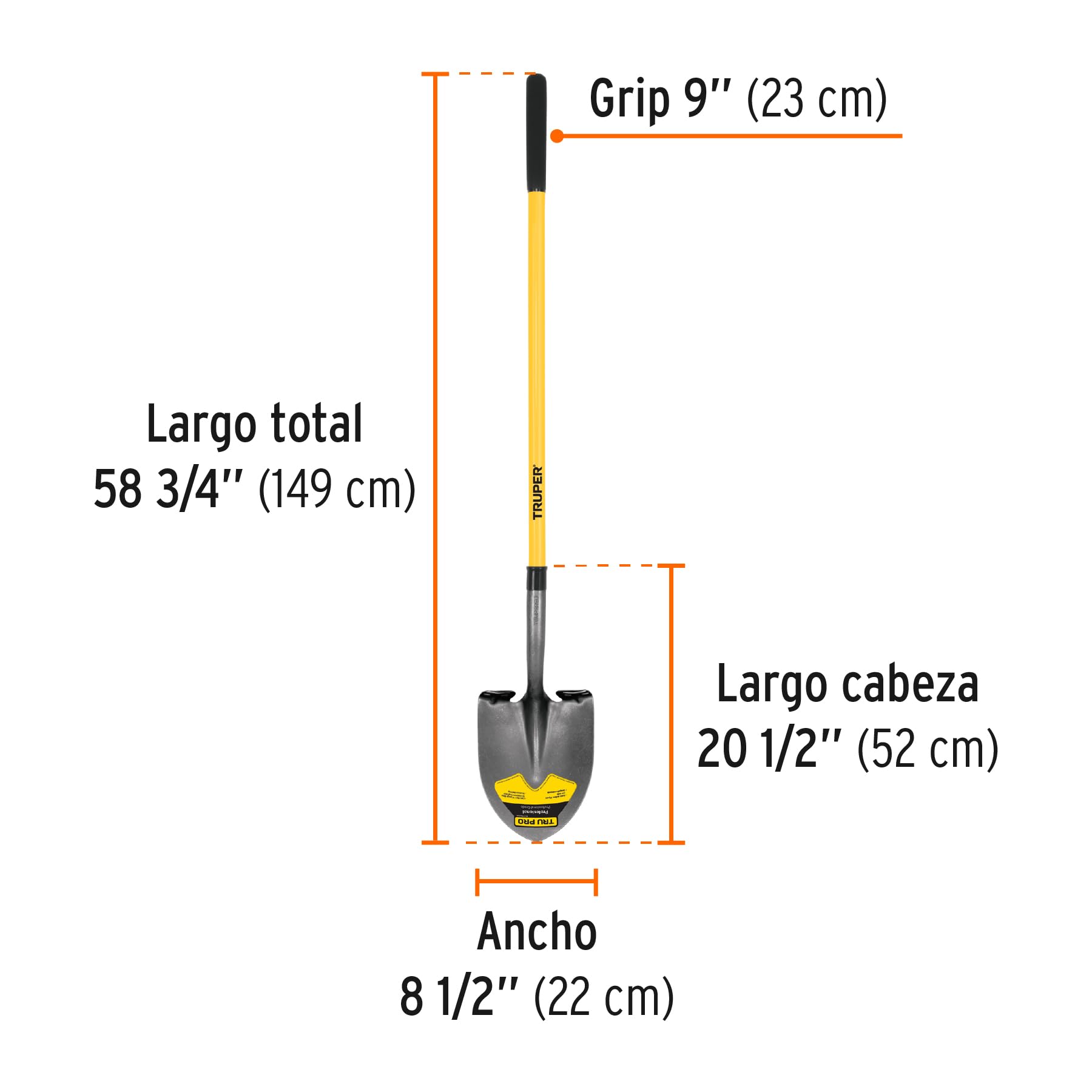 TRUPER PRL-F Palas de Punta Redonda de Mango Largo Fibra de Vidrio 58" (147Cm)