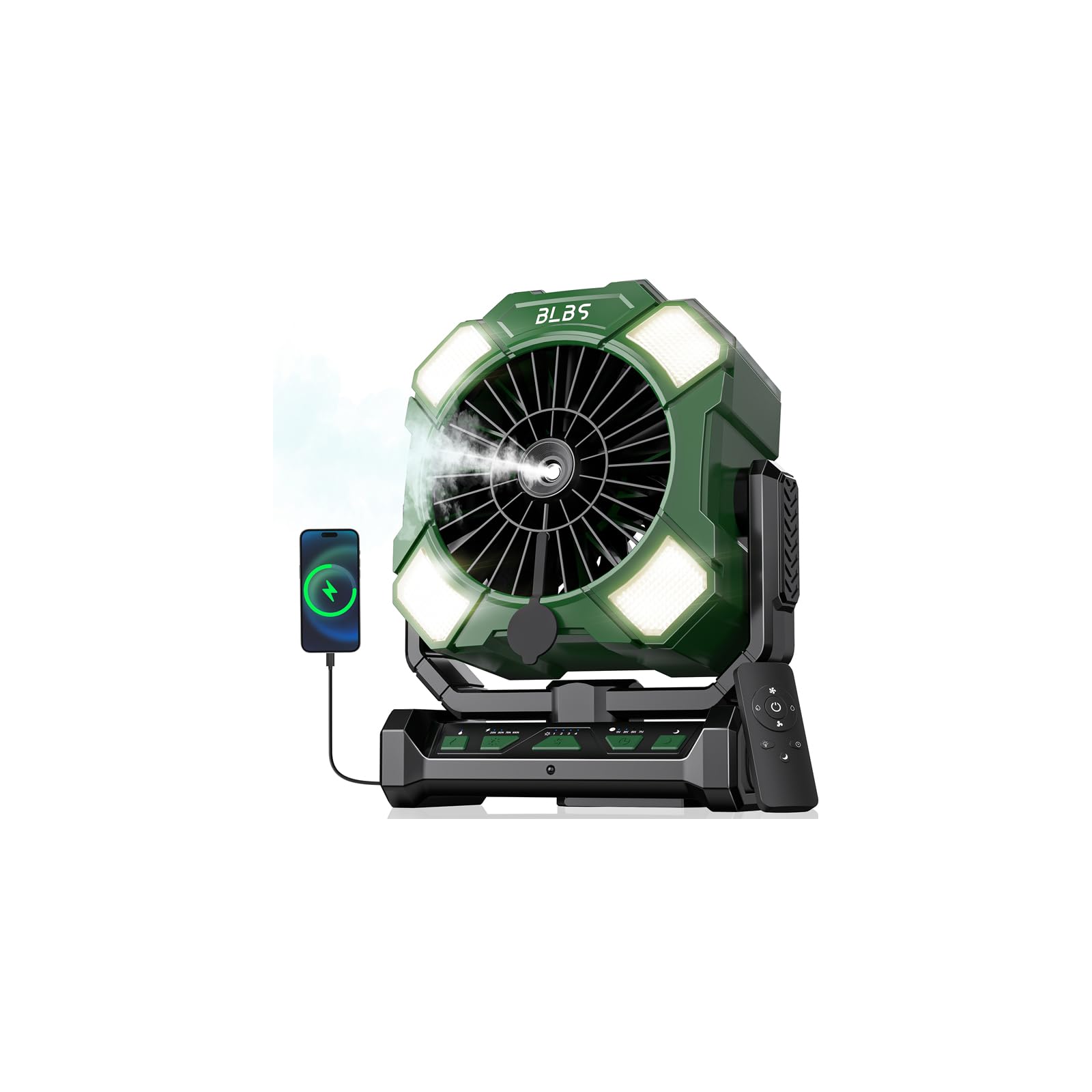 BLBS Ventilatore nebulizzatore portatile, ventole da campeggio con telecomando, batteria ricaricabile 24000 mAh, grande serbatoio d'acqua da 300 ml, 4 velocità, 2 modalità di nebbia, luce LED e gancio