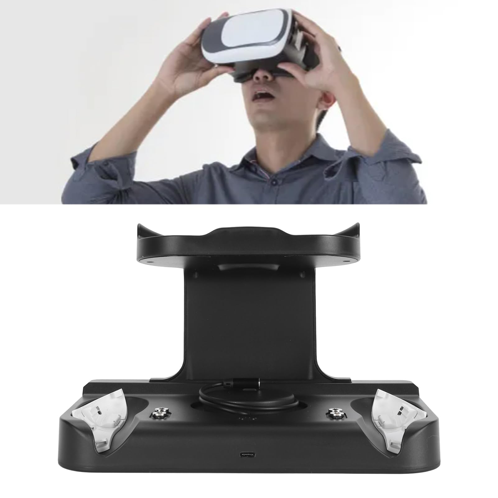 Stazione di ricarica VR per Meta 3, dock di ricarica per controller wireless e visore con 2 batterie ricaricabili, supporto di ricarica USB-C rapida con luce RGB e montaggio (Nera)