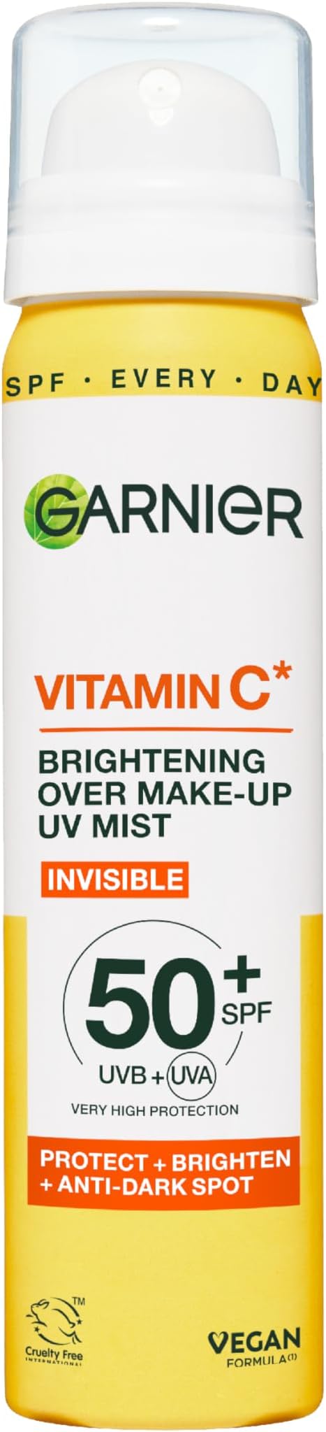 Garnier Vitamin C Brightening Over Make-Up UV Mist, Invisible Protection with SPF50+ and Vitamin C. Protects, Brightens and Fights Appearance of Dark Spots, Cruelty free, Vegan - 75ML