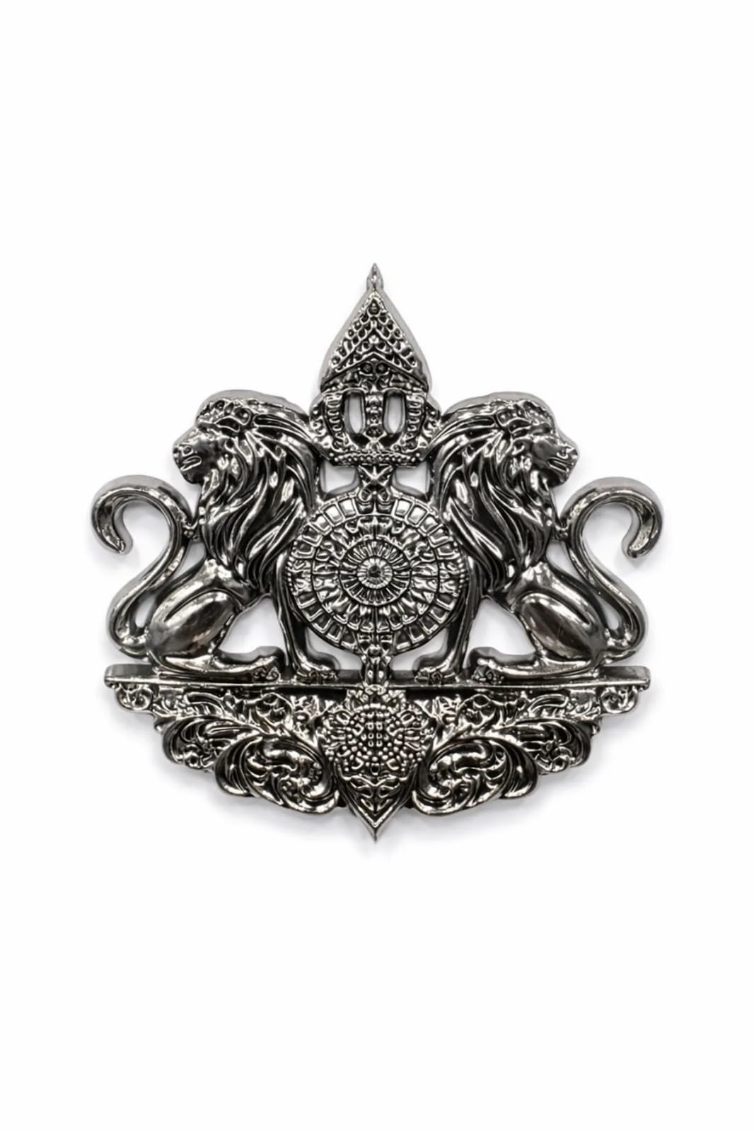 Twin Lion Crest Lapel Pin with Floral Scrollwork Silver Gunmetal-image-3