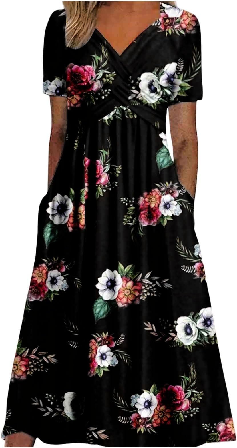 Women Casual Dress 2025 Summer Crewneck Short Sleeve A-Line Ruffle Hem Tiered Layered Swing Long Dresses Holiday Beach Party Midi Dress