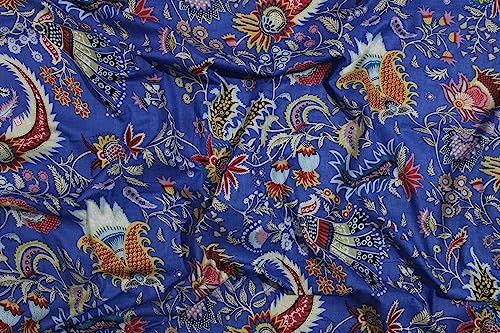 Image of Indian Hand-Block Printed Jaipuri Mukut Floral Print Ethnic Sanganer Kurti Print Cotton Fabric (10 Yards, Royal Blue Mukut)