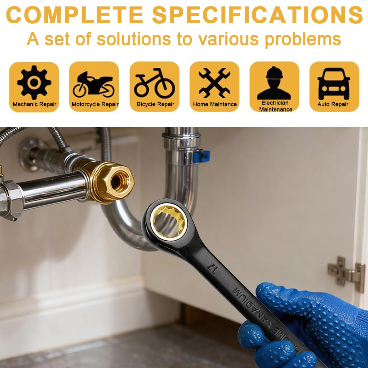 Set di Chiavi a Cricchetto 8 Pezzi, Set Chiavi Inglesi, 8-19 mm Set Chiavi Combinate, 72 Denti, Chiavi inglesi Set Completo, per Riparazioni Auto, Manutenzione Moto e Manutenzione Meccanica