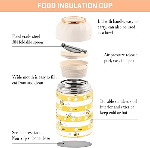 Miniatura 4 de Daisy Flower Bee - Tarro de comida con cuchara de acero inoxidable aislado al vacío, contenedor de alimentos de 17 onzas para alimentos calientes