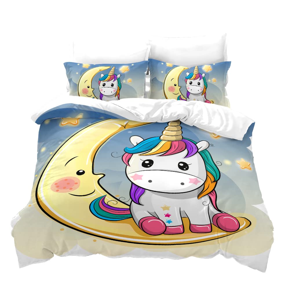 Juego de Funda nórdica tamaño King Funda nórdica de Microfibra 220 x 240 cm Funda nórdica de Unicornio con 2 Fundas de Almohada para niños, Adultos (Unicornio y Luna, 220 x 240cm)