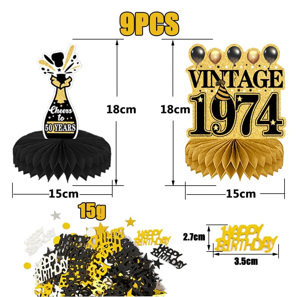 9 Stück 50. Geburtstag Honeycomb Tischdeko Schwarz-Gold – Mittelstücke Für Party & Jubiläum