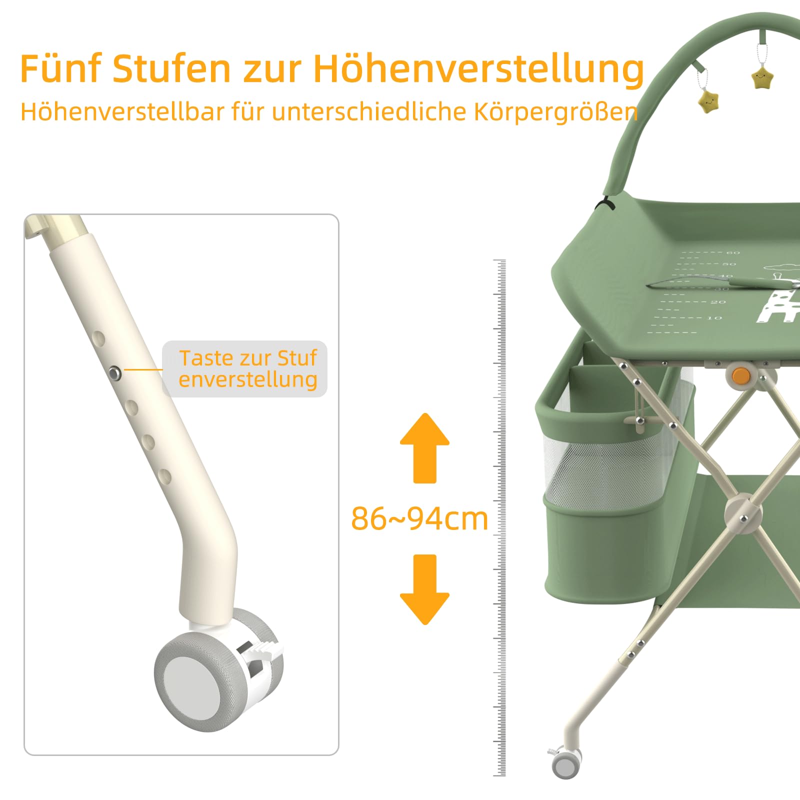homewell 2 in 1 Baby Wickelkombi Spielzentrum, Höhenverstellbar, mobiler Wickeltisch klappbare mit Spielständer Sicherheitsgurt Aufbewahrungskorb Wickelauflage (Grün)