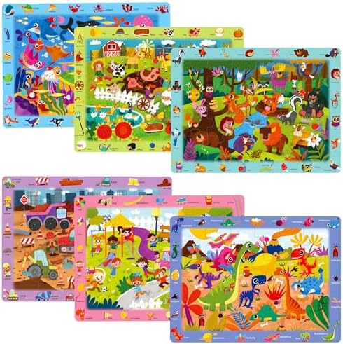 BenBen Large Wooden Puzzles for Kids Ages 4-6, 6 Pack 24 Piece Se...