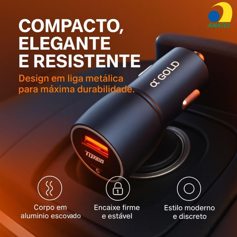 Carregador Veicular Turbo 60W Duas Portas Para Automóvel Carregador de Carro Duas Entradas com Carregamento Super Rápido + Cabo USB-C Premium