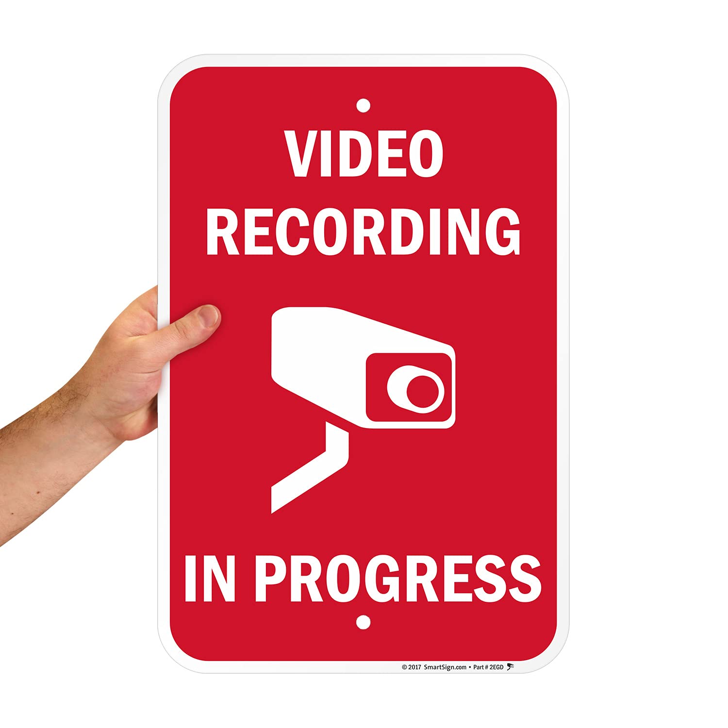 SmartSign 18 x 12 inch “Video Recording In Progress” Metal Sign, Screen Printed, 63 mil Laminated Rustproof Aluminum, White and Red