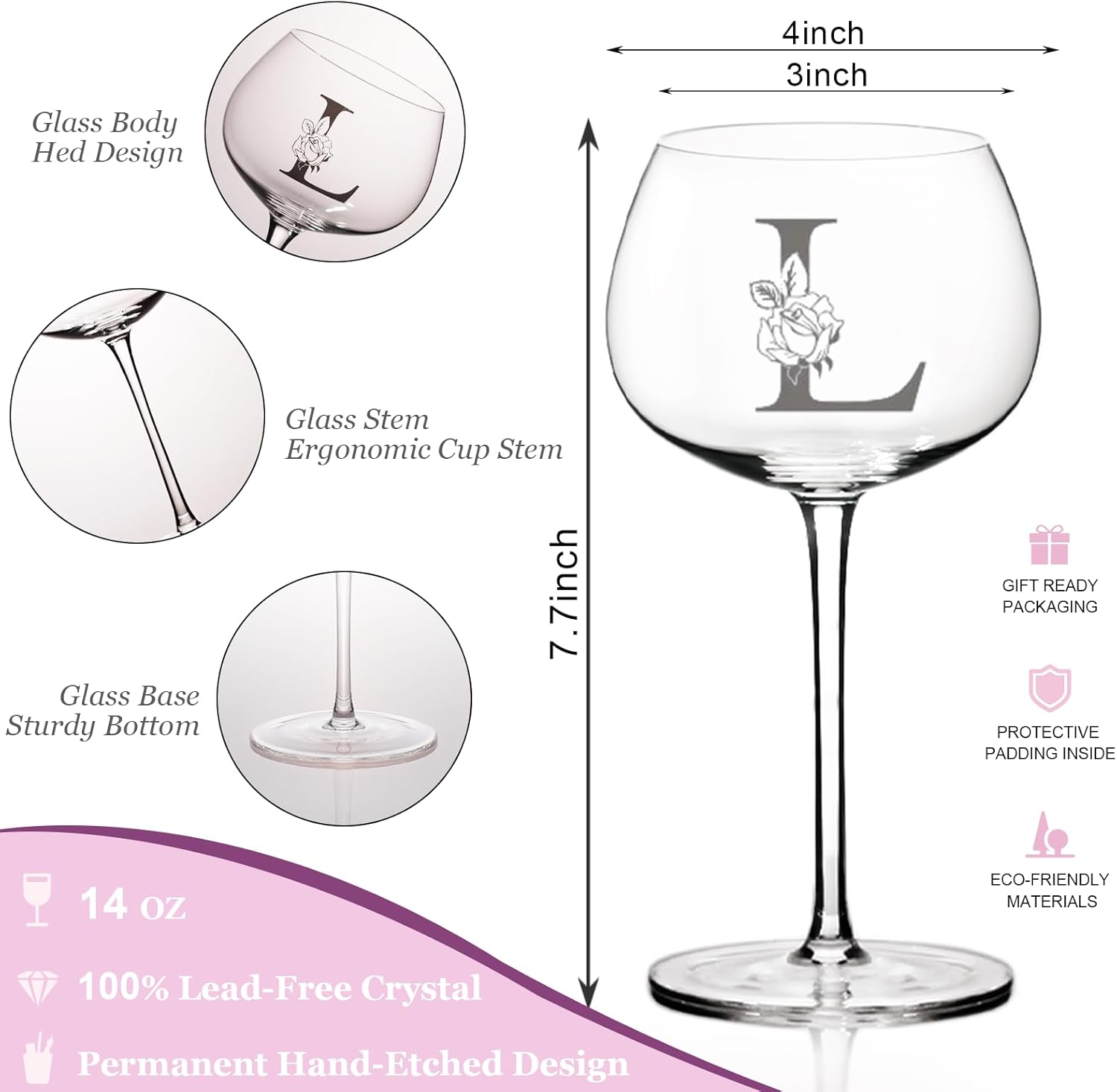 Personalized Wine Glass-Engraved Monogrammed A-Z Customized Wine Glass Birthday Gifts for Women, Unique Mothers Day, Anniversary, Christmas Gift for Her, Mom, Friend, Wife, Sister (L, 14 oz) - Image 3