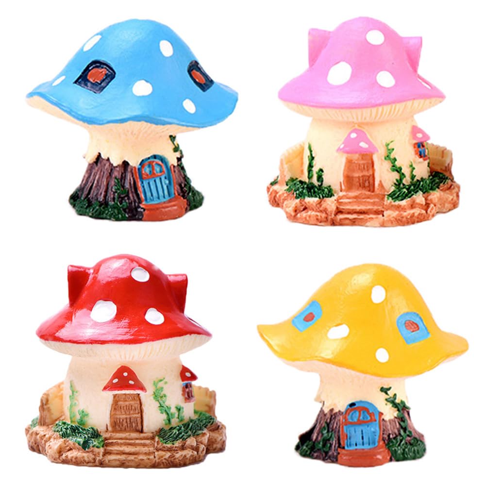 MAOMIA Miniature Fairy Garden Resin Mushroom House 4 Pcs Micro Landscape Garden Decoration Plant Flower Pots Ornaments