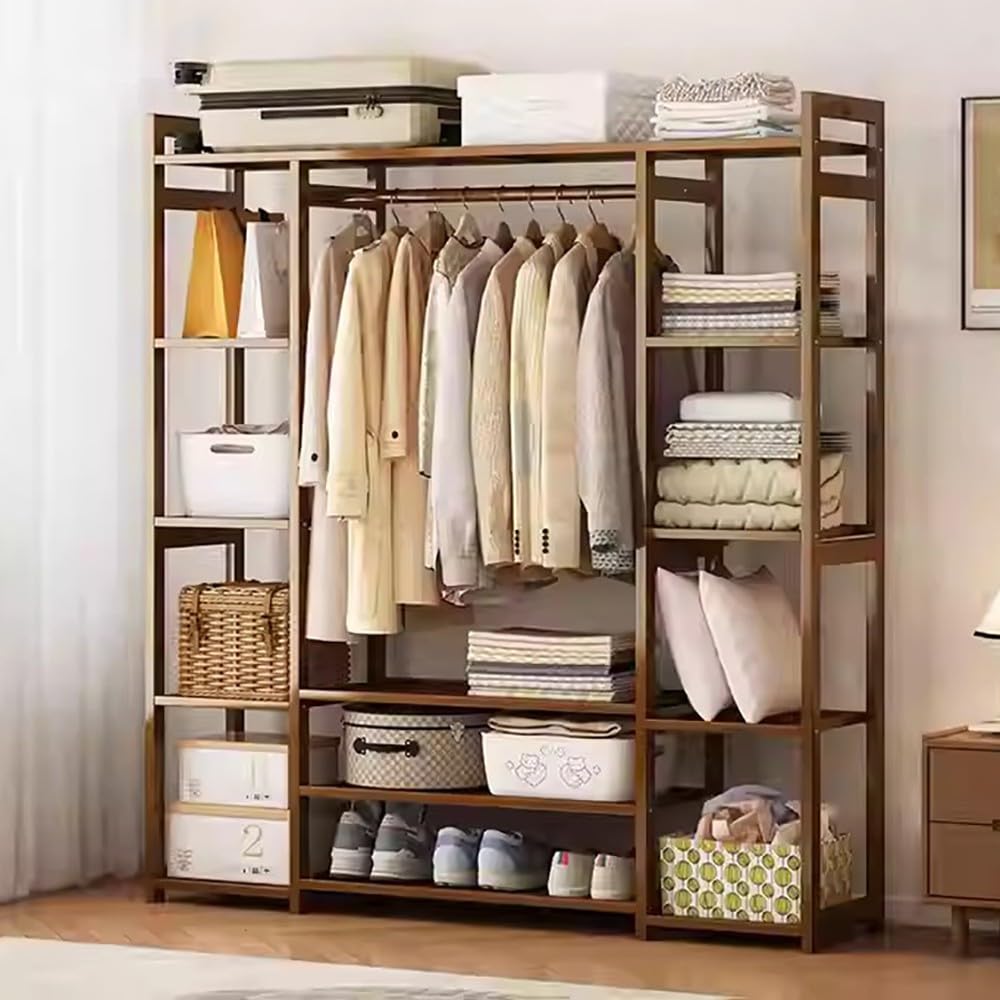 angrounps Bamboo Clothes Rail, Garment Rack with Storage Shelves Back and Tidy Rail, Open Wardrobe Closet, Clothing Rack for Bedroom Hallway Entryway 130/170x30x150cm
