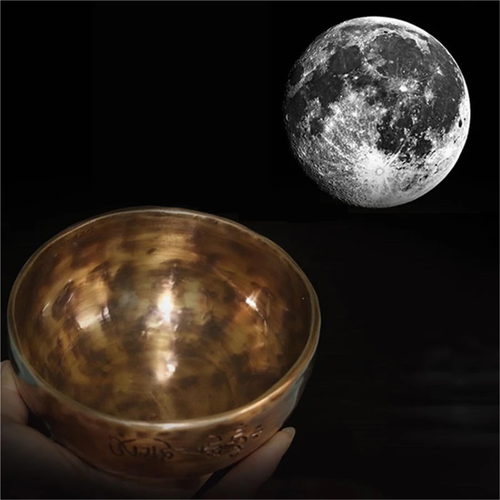 Cuenco para el canto Cuenco tibetano de cobre con forma luna llena, cuencos tibetanos for meditación budista, cuenco original for sanación sonora cojín mazo(Caliber 10-11CM)