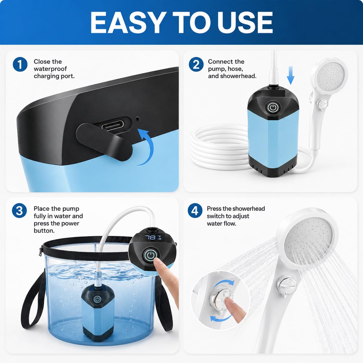 B013 Bomba de ducha portátil para camping, 7800 mAh, ducha de larga duración y silenciosa para exteriores con pantalla LED, IPX8 impermeable para baño de mascotas, lavado de autos y RV | IPX8 impermeable, baño para mascotas y lavado de coche, compatible c