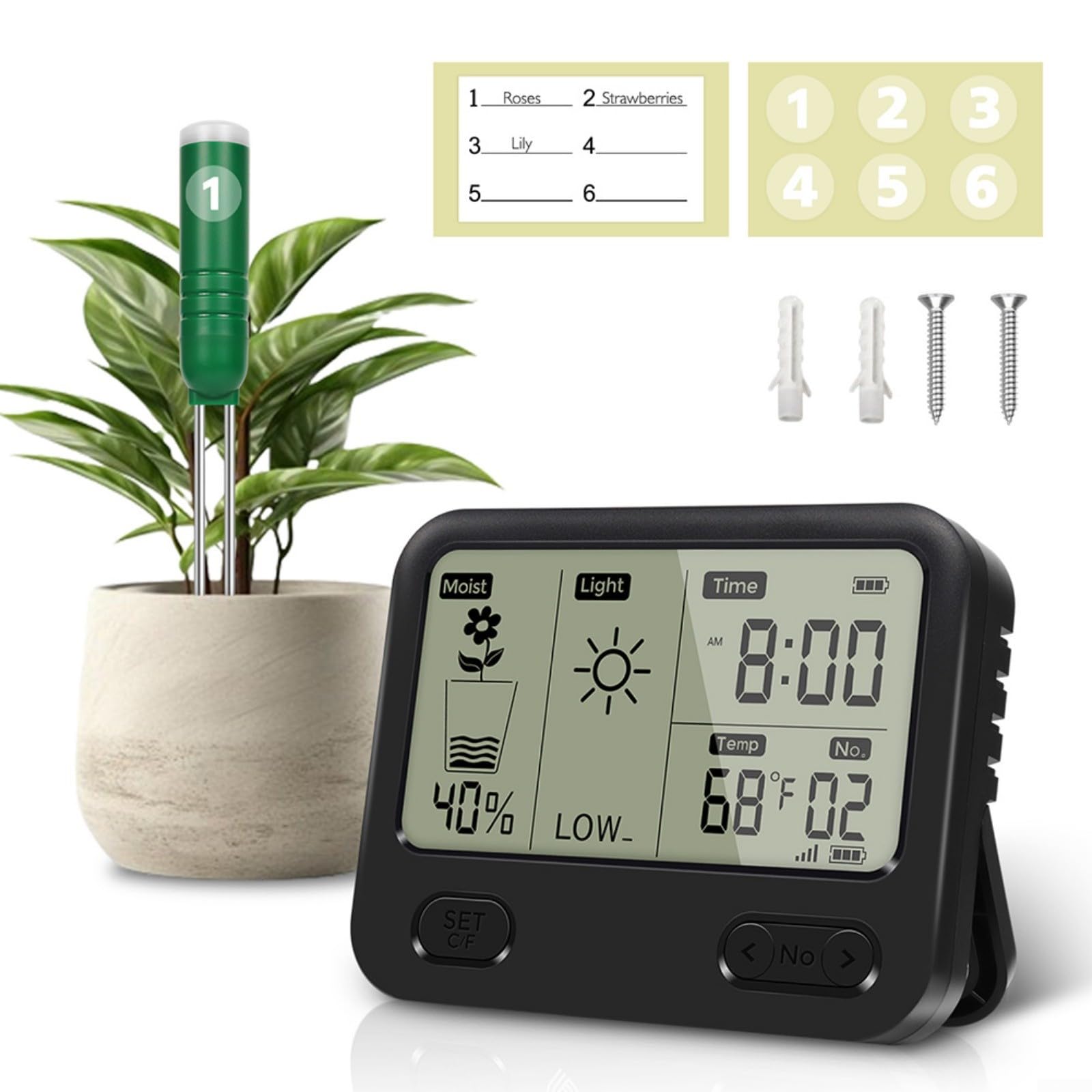 Hygromètre de sol sans fil, thermomètre numérique 4 en 1 avec mesure de la température, de la lumière et du temps, étanche IPX5