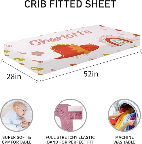 Miniatura 4 de Juego de ropa de cama personalizado para cuna de dinosaurio con nombre para niña, juegos de cuna de 5 piezas con nombre personalizado para niños