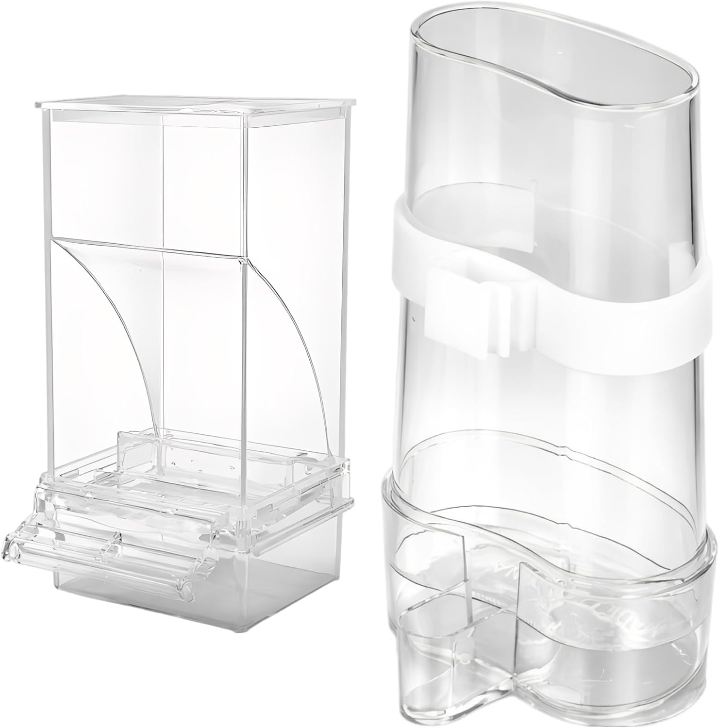 No Mess Bird Feeder Water Dispenser Set, Automatic Parrot Drinker Cage Accessories, Clear Plastic, External Design, 7.3 X 3.3 X 7.3 in Feeder