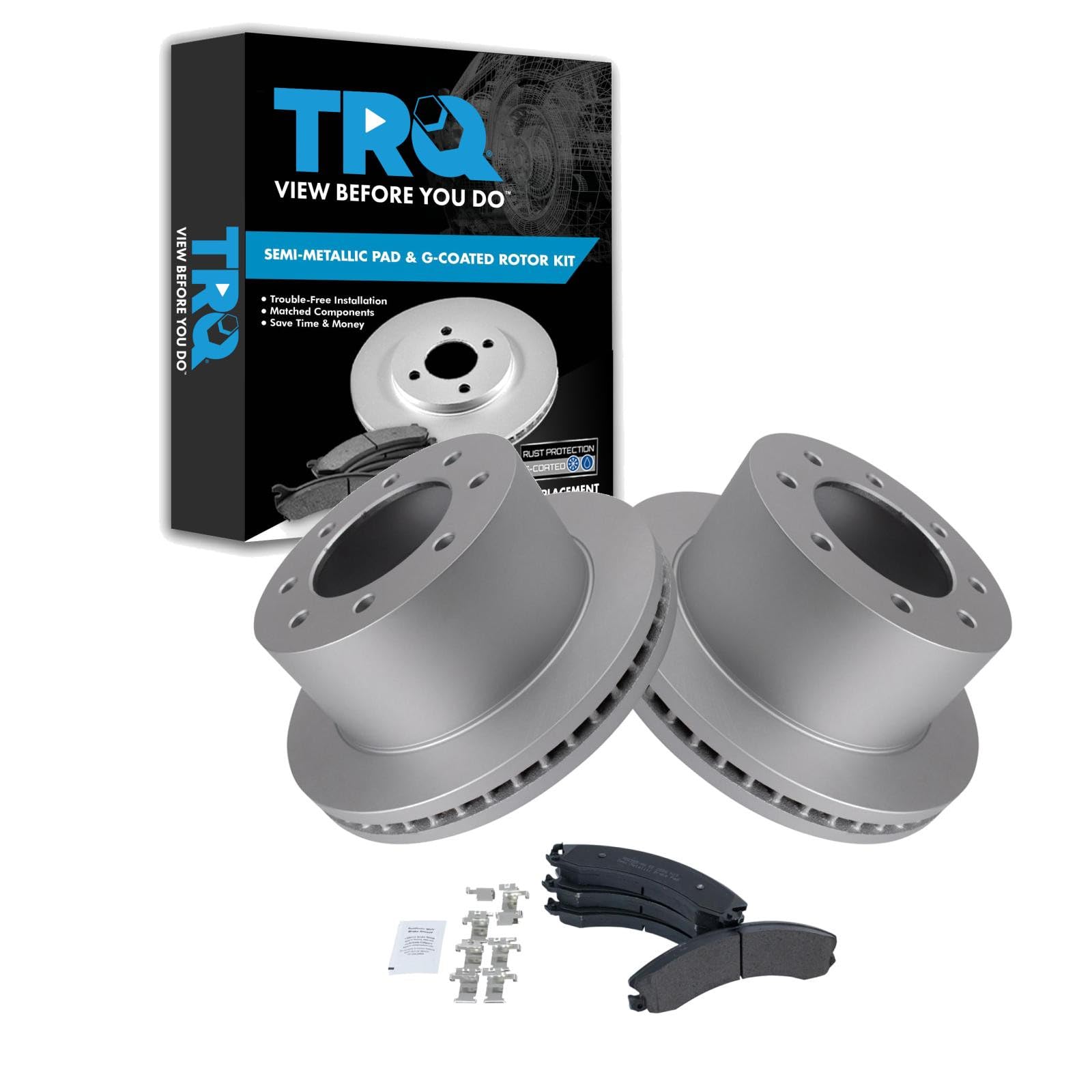 TRQ Rear Brake Pad &amp; Rotor Kit Semi-Metallic Premium G-Coated Compatible with 2011-2019 Chevrolet Silverado 3500 HD GMC Sierra 3500 HD