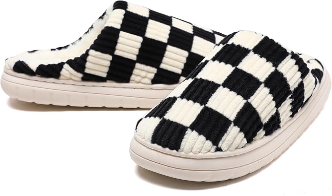 House Slippers Women Men,Fuzzy Ladies Memory Foam Checkered Slippers Slip on Anti-Skid Sole Bedroom Cloud Ladies Slippers Indoor Outdoor with Fur Lining